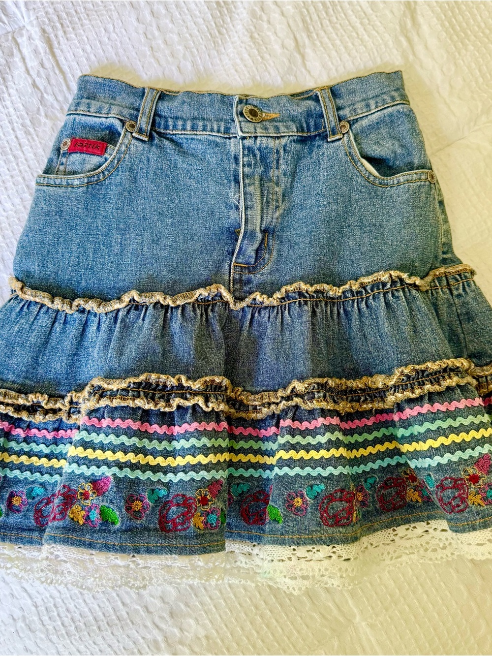 Lipstik Boutique Denim Skirt with Multicolor Trim and embroidery size 7 girls